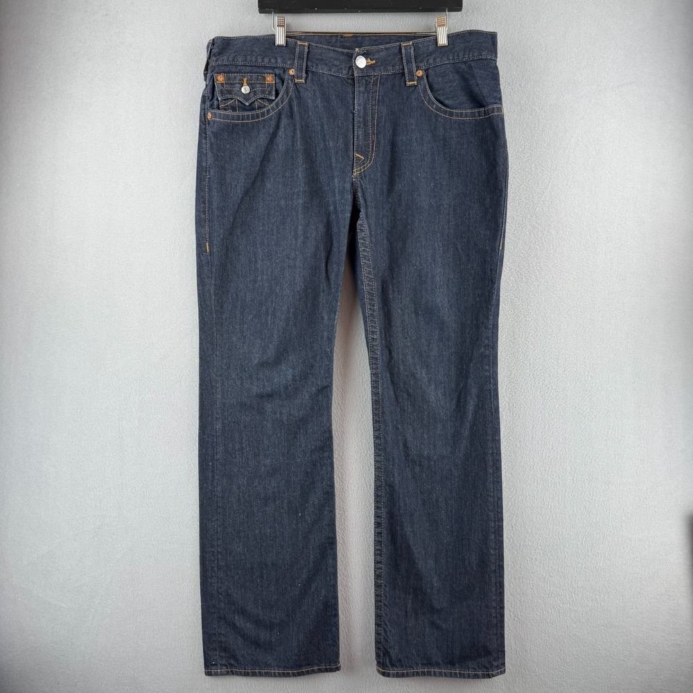 True Religion Jeans Mens 38 (Fits 40x32) Straight Leg Flap Pocket Blue Denim
